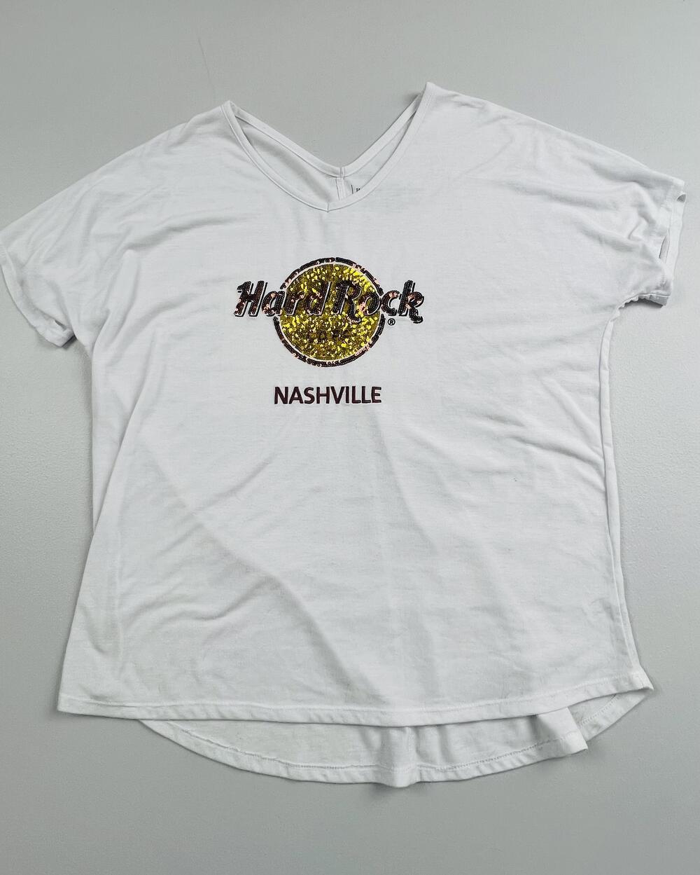 Hard Rock Cafe Shirt Womens Large White Sequin Nashville V-Neck Graphic Tee